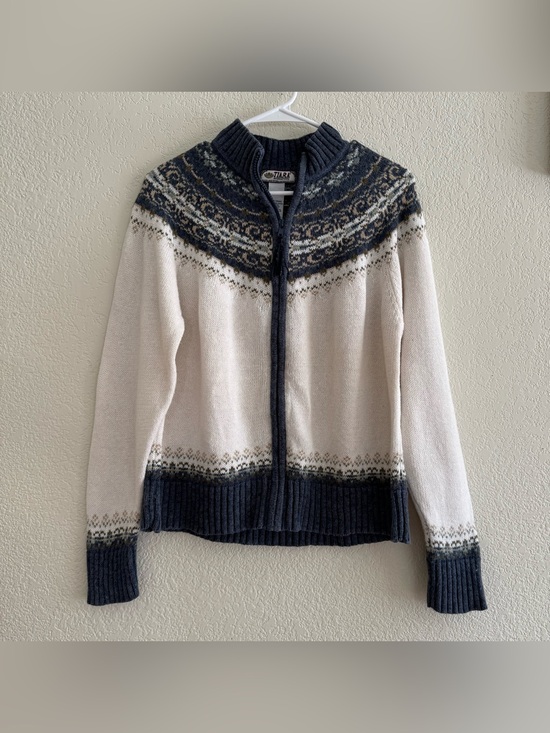 Tiara International Sweaters - Tiara International Fair Isle Full Zip Cardigan Sweater Knit Cream Navy M/L